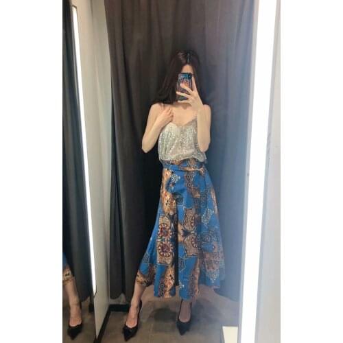2021 summer new womens retro printed lace-up high-waisted thin, all-match large-length skirt mid-length skirt
