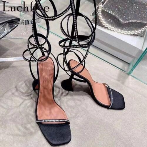 Designer Sexy Crystal Strappy Women Sandals Lac Up High Heel Shoes Women Party Nightclub Pumps Black White Sandals Summer Shoes