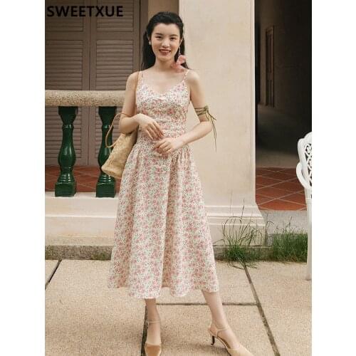 SWEETXUE Female Summer French Chic Fashion Designer Romantic Retro Floral Spaghetti Strap Dress Womens Vestidos