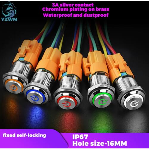 YZWM 16mm power supply metal button switch high head self locking micro waterproof LED with light 24v220v automobile refitting