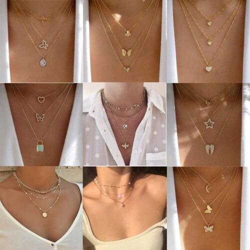 Bohemian Multilayer Butterfly Lock Pendant Necklace for Women Shiny Rhinestone Pearl Heart Shape Clavicle Chain Fashion Jewelry