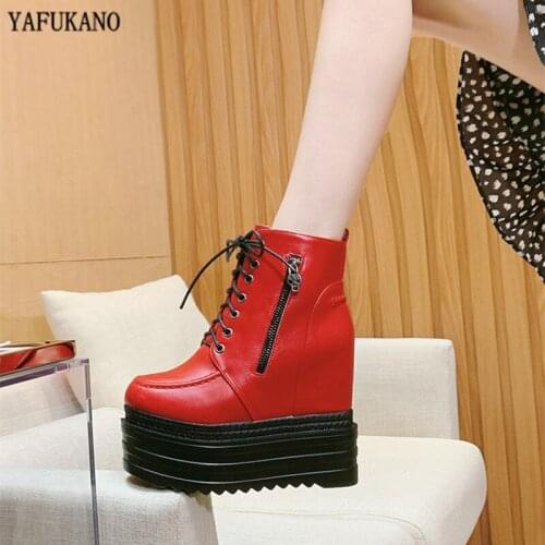 13Cm Thick-Soled Internal Increase Ankle Boots High Platform Side Zipper Plus Velvet Short Boots High Heels Lace-up Martin Boots