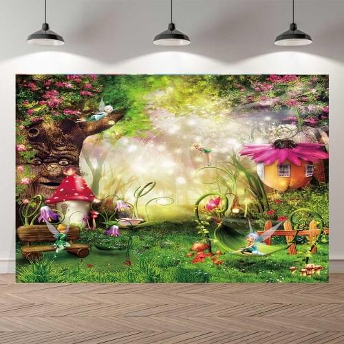 Spring Scenery Backdrop Wonderland Grassland Fairy Tale Forest Children Newborn Mushrooms Elves Flowers Photo Background