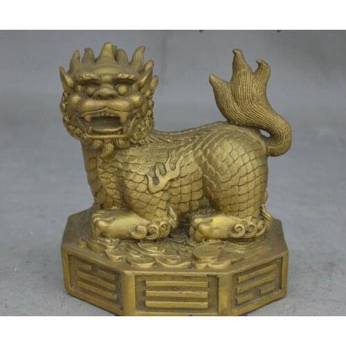 Chinese Feng Shui Brass Dragon Kylin Unicorn Beast On Eight Diagrams Coin Statue