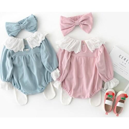 Pink/blue baby girlsbodysuit autumn winter warm long sleeve romper toddler baby overalls onesie children outfits pajamas+turban