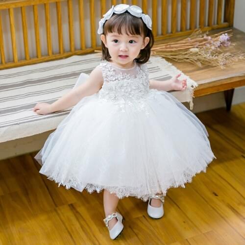Beads Lace Baby Girl Dress White Tulle Baptism Dress for Kids Princess 1 year Birthday Party Wedding Baby Pageant Tutu Clothing