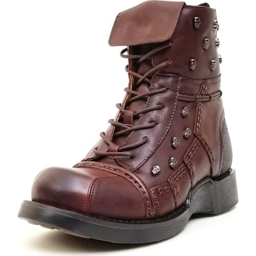 Mens Motorcycle Boots Genuine Leather Lace-up Skull Ankle Boots