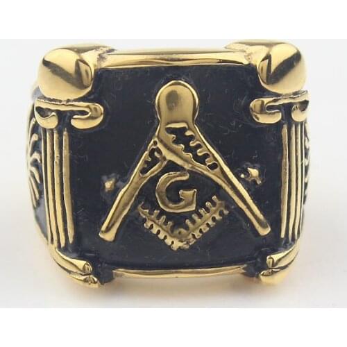 Mens Gold Tone Free Mason Freemasonry 316L Stainless Steel Masonic Band Ring
