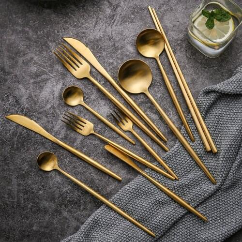 Set of gold cutlery 304, stainless steel, dinner, fork, knife, spoon, hashi, cutlery