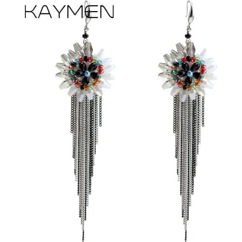 New Women Crystal Tassels Hook Earrings Luxury Knitting Fashion Statement Beads Drop Dangle Earrings Girls Party Bijoux 3305
