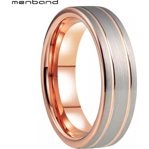Rose Wedding Ring Tungsten Wedding Band Flat Women Ring With Grooved Brushed Finish 6MM
