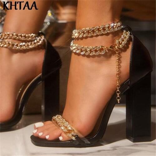 Women Sandals Crystal Chain High Heels Female Shoes Woman Square Heel Open Toe Buckle Strap Ladies Footwear 2021 New Fashion