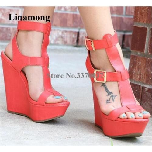 Summer Hottest Women Fashion Open Toe High Platform Wedge Sandals Red Blue Buckles Height Increased Wedge Sandals Dress Shoes