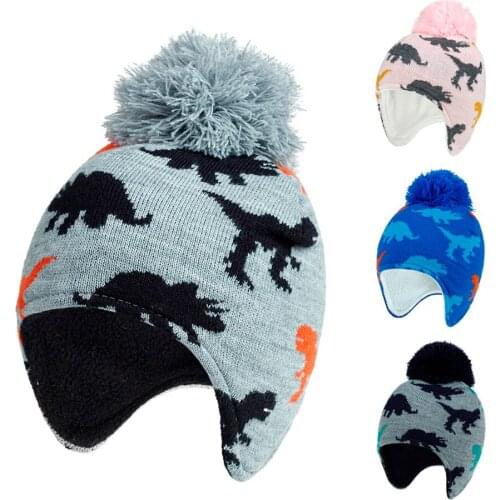Childrens Woolen Hat Dinosaur Pattern Boys And Girls Thermal Knitted Hat Cap Winter Warm Earflaps Knitted Hats 1-3Years Old