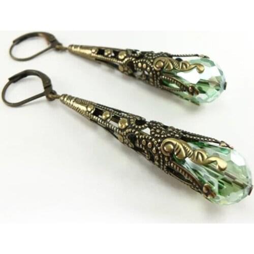 Vintage Luxury Engraving Pattern Green Crystal Long Earring Boho Ethnic Droplet Tassel Dangle Earrings for Women Fashion Jewelry