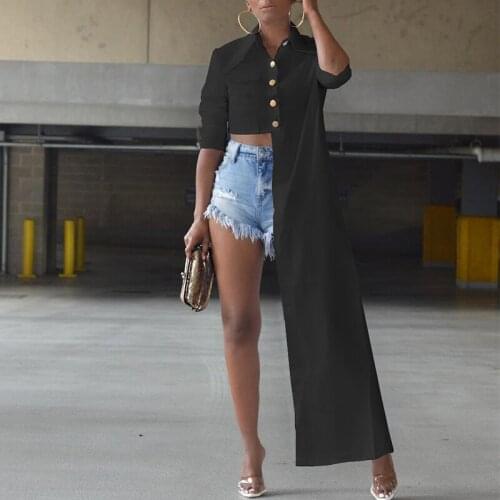 Women Long Shirt Long Sleeve Lapels Button Up Shirt Irregular Runway Solid Color Top 2021 Summer New