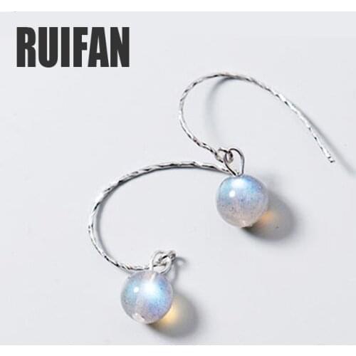 Ruifan Gray Natural Moonstone Hook Earrings for Women Female 100% 925 Sterling Silver Earring for Girl Fashion Jewelry YEA241