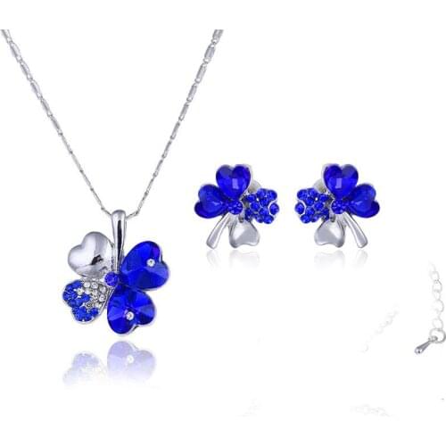 QiLeSen Fine jewelry 925 sterling silver suitable for ladies set,Clover crystal royal blue Necklace Earring Set YW185