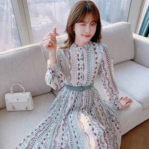2021 Spring Women New Korean Midi Long Dress Long Sleeve Slim Floral Dress Slim Pleated Chiffon Mandarin Collar Sashes Vintage