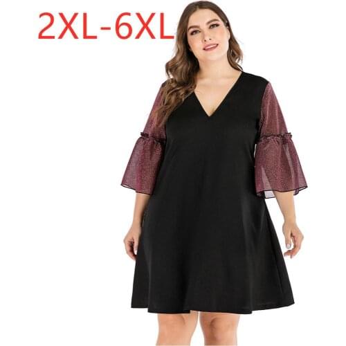 New 2021 summer plus size dress for women large bell sleeve loose casual black low cut V neck dresses 3XL 4XL 5XL 6XL