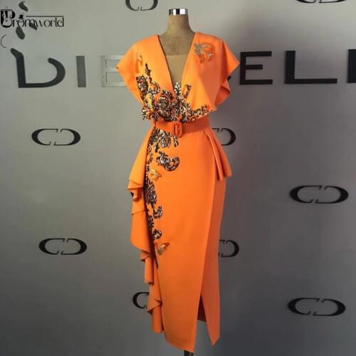 Real Evening Gown robe de soiree Sequins Sheath Formal Dress Orange Cap Sleeve Long Midi Calf Ankle-Length Evening Dresses abiye