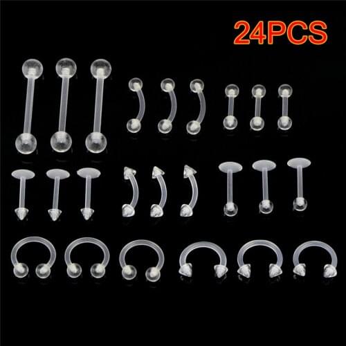 24PCS Clear Color Belly Navel Tongue Lip Rings Bars Studs Body Piercing Jewelry