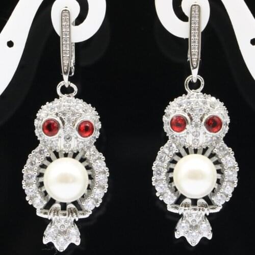 46x22mm SheCrown Jewelry Set Owl Shape White Natural Cubic Zirconia White Pearl Garnet For Bride Wedding Silver Earrings Pendant