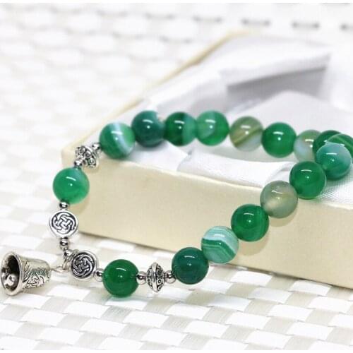 8mm Natural Green Veins Agat Onyx Round Beads Strand Beaded Bracelets Bell Pendant Elegant Elastic Jewelry Making 7.5inch B2084