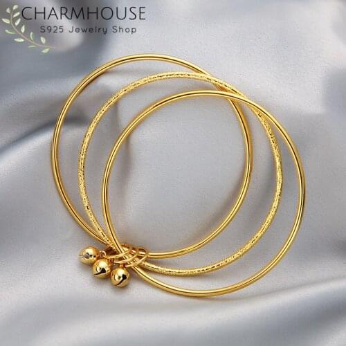 African Gold GP Bangles For Women 3 Loops Bell Charm Cuff Bracelet & Bangle Adjustable Pulseira Femme Don't Fade Wedding Jewelry