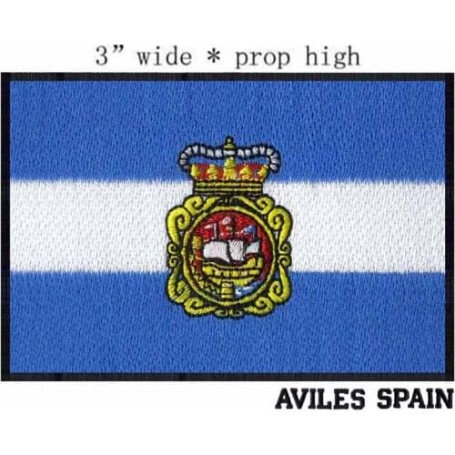 Aviles, Spain Flag 3" wide embroidery patch for blue/badge in it/three stripes