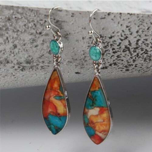 Bohemia Vintage Long Drop Earring For Women Natural Colorful Turquoises Stone Earrings Pendientes Boho Jewelry Dangle Earrings