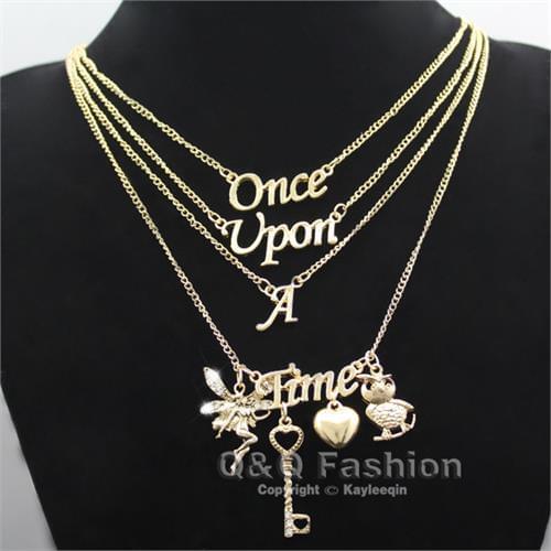 Gold Once Upon A Time Words Style Owl Key Heart Fairy Multi Layer Chain Necklace Jewelry 0 New
