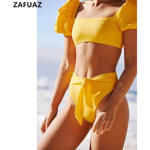 Puff Sleeves Bikini Set 2021 New Bandage Strappy Yellow Swimwear Women High Waist Swimsuit Bathing Suit Beach Wear Biquini New