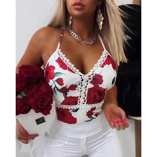 Summer Women Daily Style V Neck Spaghetti Strap Lace Trim Floral Print Sleeveless Corset Crop Top Streetwear Sexy T-Shirts Femme
