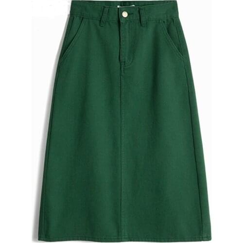 New Green Straight Midi Denim Skirt Women Vintage High Waist Cotton Jean Skirts