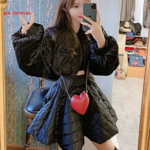 New Women Fashion Black Suit 2 Piece 2021 Winter Warm Slim Cotton Coat Jacket and Short Skirt Casual Two Pices Set Female Parka