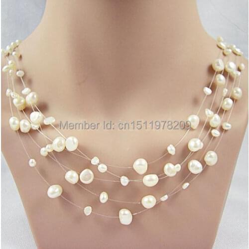 Pearl Necklace , 5 Strands 17-18 Inches 4-5mm And 7-8mm White Color Natural Freshwater Pearl Fish Line Necklace - Free Shipping
