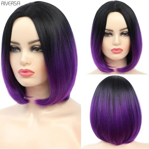 Ombre Black Pureple Wigs Short Straight Bob Synthetic Soft Wigs for Black White Women Cosplay Party Daily Hair Heatresistant Wig