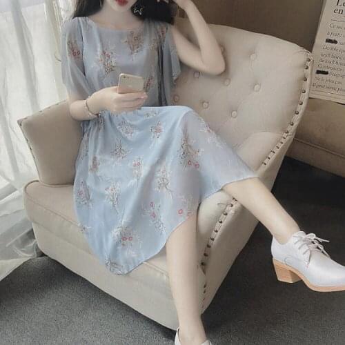 Autumn Women Vintage Printed Dress Ruffle sleeve O Neck Casual Chiffon Dress European Style Elastic Waist A-line Dress