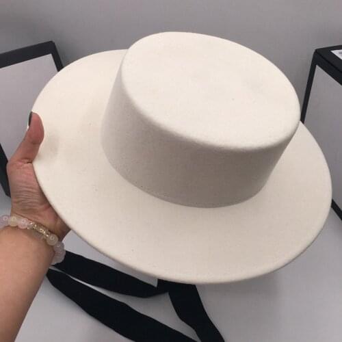 Flat top wide eaves white woollen cloth fashionable temperament goddess style with long ribbon euramerican style show hat Panama