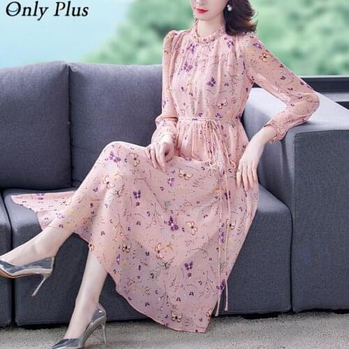 Only Plus Pink Chiffon Floral Dress Womens Autumn 2021 New French Temperament Long Printed Beach Style Ruffled Belt Dress