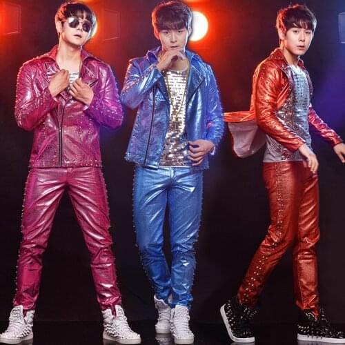 S-6XL!!Mens street dance set drum liu nail mens song watch performance clothes rivet leather jacket suit