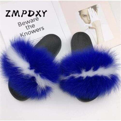 Kids/Childrens Real Fox Hair Slippers Plush Home Shoes Womens Raccoon Fur Slides Ladies Fluffy Furry Sandals Beach Flip Flops