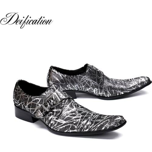 Stylish Printed Mens Italian Leather Shoes Big Buckle Strap Men Loafers sapato social masculino Hot Square Toe Wedding Shoes Men