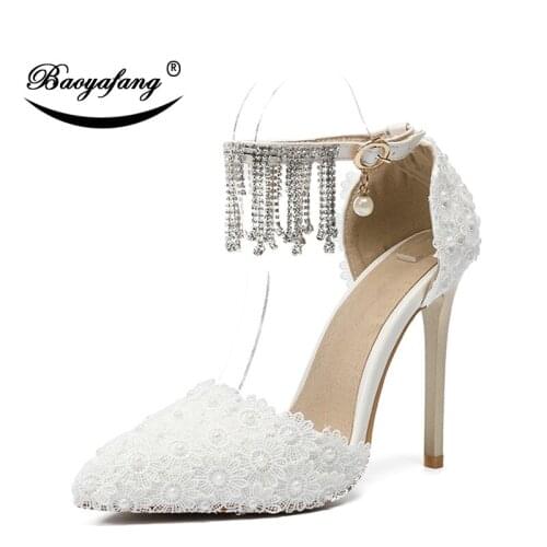 BaoYaFang11cm Super Heels shoes Woman buckle fringe shoe ankle strap Buckle shoes Sweet White Lace pointed toe Wedding shoes