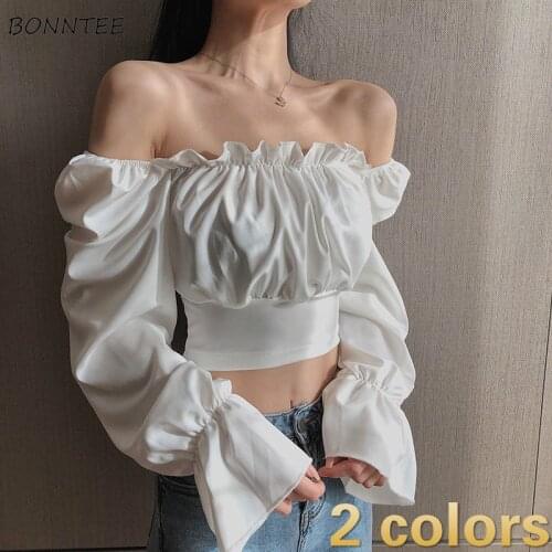 Shirts Women Cropped Sexy Off Shoulder Top BF Vintage College Summer Elegant Classic Artistic Puff Sleeve Ins Solid Temperament