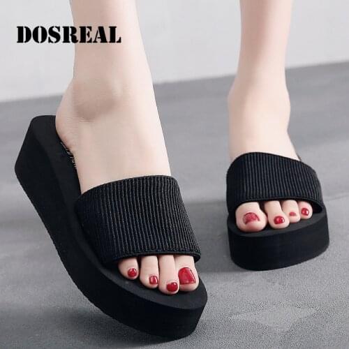 Dosreal Womens Slippers Summer Slope With Flip Flops Ladies Thick-Soled Non-Slip Casual Beach Sandals Black Slippers Plus Size