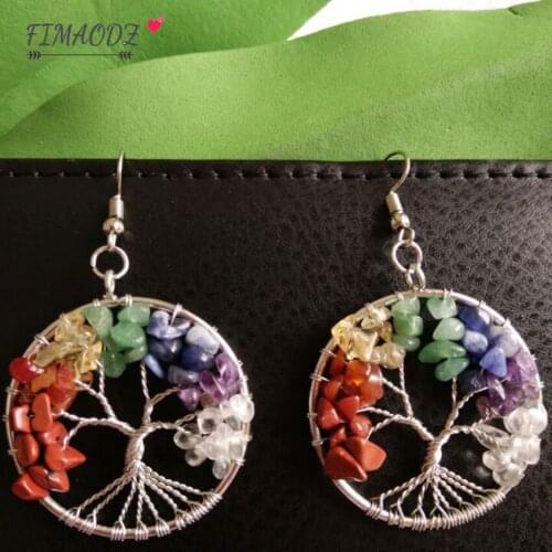 FIMAODZ Natural Stone Tree of Life Earring 7 Chakra Quartz Hollow Tree Plant Dangle Earrings for Women Fashion Reiki Jewelry