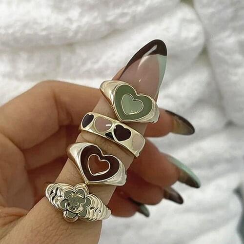2021 New Korean Trendy Vintage Double Layer Dripping Oil Enamel Color Contrast Heart Metal Rings for Women Couple Jewelry