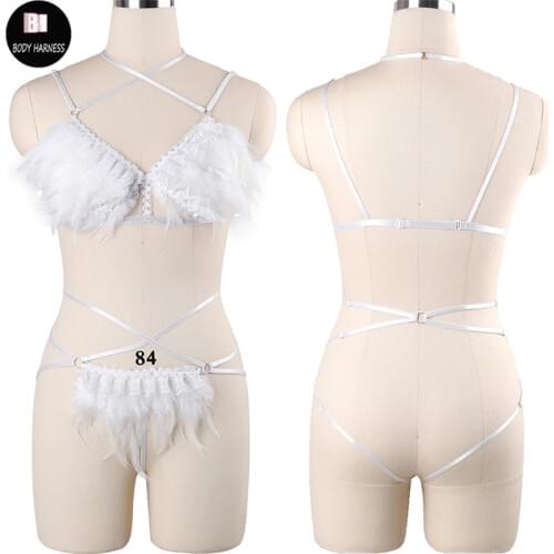 White Angel Feather Women Body Harness Set Pole Dance Sexy Lingerie Lace Crop Top Harness Bra And Feather G-string Bondage Set